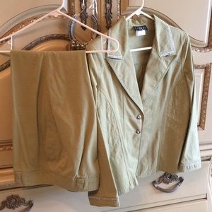 Green pantsuit . Blazer and pants